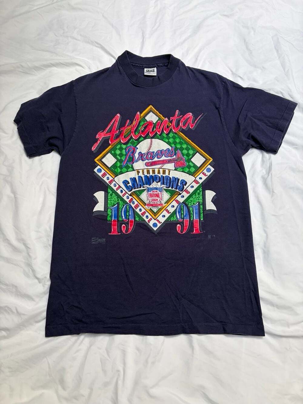 Anvil Atlanta Braves T-Shirt Size L 1991 Pennant Champions Navy Blue